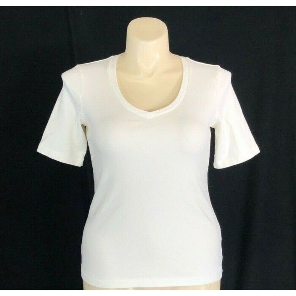 Chico's 1 MED Top White True Color Tee Shirt Short Sl Scoop V Neck Stretch Basic